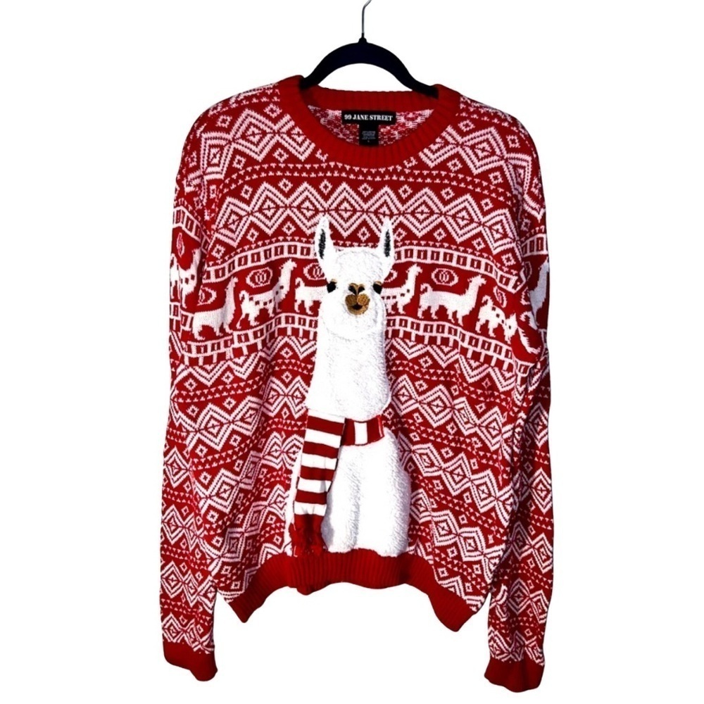 99 Jane Street Women’s Ugly Christmas Sweater Size L Red Festive Llama Knit
